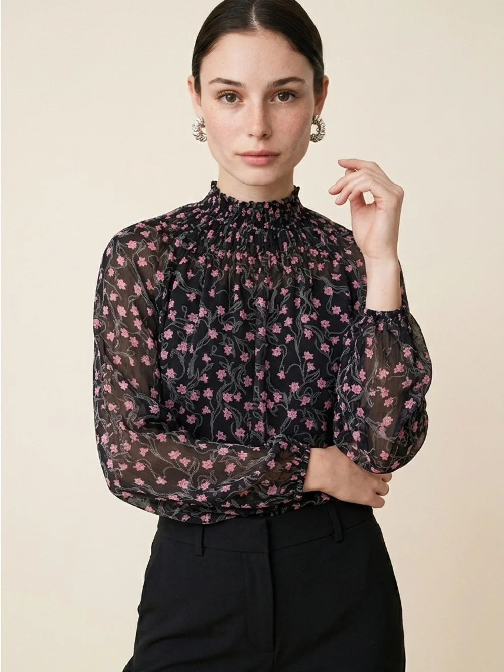 Elizabeth & James Smocked Sheer Floral Blouse with Pink Accent